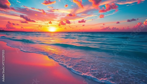 Vibrant anime-style sunset over turquoise ocean, white sand,  sand,  glow