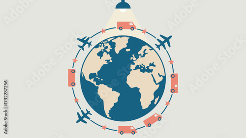 A stylized world globe surrounded by airplanes and vans under a light bulb illustration art