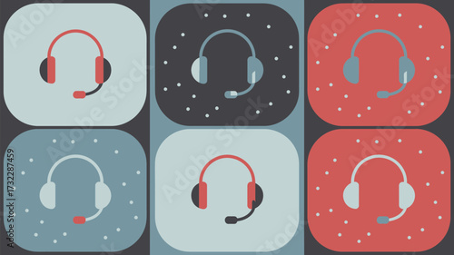A pattern of six headset icons in different colors and backgrounds with small white dots around them