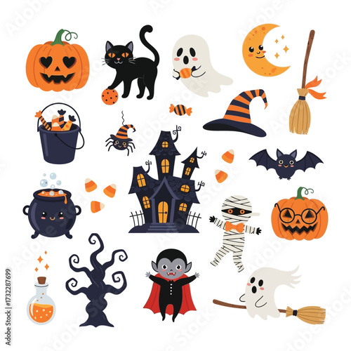 Spooky Delights: A captivating illustration presenting a charming collection of Halloween icons including ghost, witch's hat, candy and more.