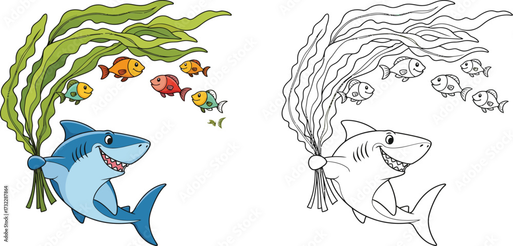 Fototapeta premium Cute Cartoon Shark with Seaweed and Fish