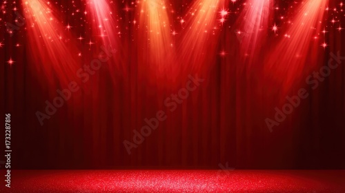Glittering particles and spotlights on red carpet stage, festive for various applications. Ideal for online and print media.