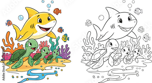 Cute cartoon shark with baby sea turtles under the ocean