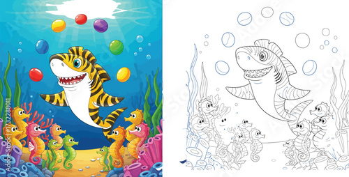Cute cartoon tiger shark juggling colorful balls underwater with seahorses watching