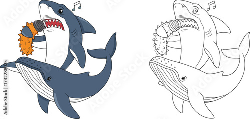 Dynamic Cartoon Shark Singing into a Seaweed Microphone
