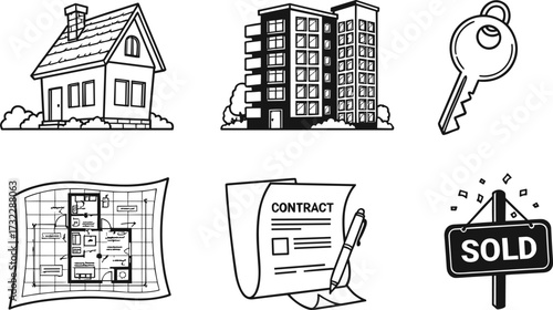 Real estate icons, property sale, house illustration, apartment building, blueprint design, contract agreement, ownership key, sold sign, housing market, investment