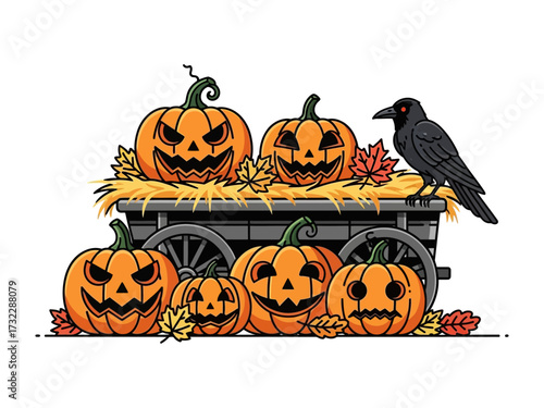 Jack-o'-lantern Harvest: A cheerful collection of carved pumpkins in a rustic wagon, complemented by autumn leaves, evoking the spirit of Halloween in a warm, inviting tone. 