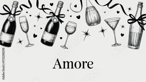 A black and white illustration of wedding and celebration-themed items arranged in a horizontal layout.  
