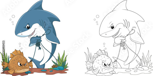 Playful Cartoon Shark Teasing an Angry Pufferfish with a Rope