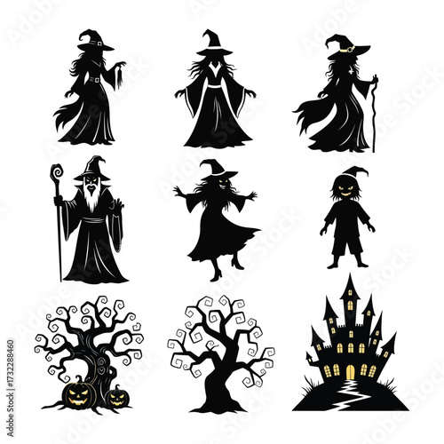 Spooky Halloween Silhouettes: A collection of eerie Halloween-themed silhouettes, including witches, wizards, a haunted house, and spooky trees, perfect for seasonal decorations and design elements.
