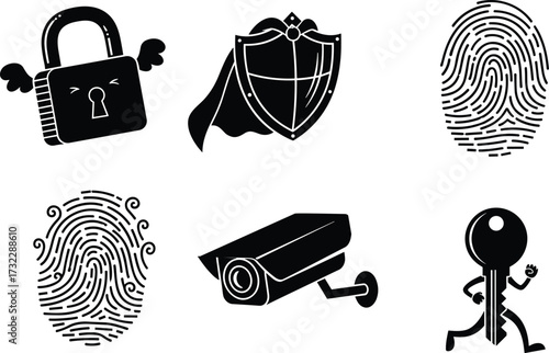 Security surveillance icons set, padlock wings, shield cape, fingerprint authentication, eye recognition, CCTV camera, hacker threat, running key, cybersecurity symbols