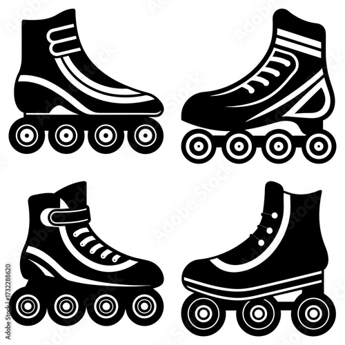 Four roller skates in black and white showcasing different designs and lacing styles for skating fun