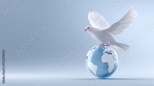 peace dove flying above globe, clean white background, minimal symbolic composition, soft natural light