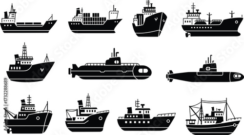 Ship and submarine icon set, black silhouette illustrations, cargo ship, fishing boat, passenger vessel, naval submarine, maritime transport design elements