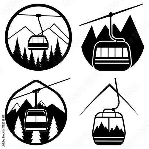 Four black and white mountain gondola designs with trees and mountain peaks in various circular and solid shapes