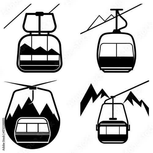 A collection of four unique cable car designs in black and white featuring mountain peak silhouettes