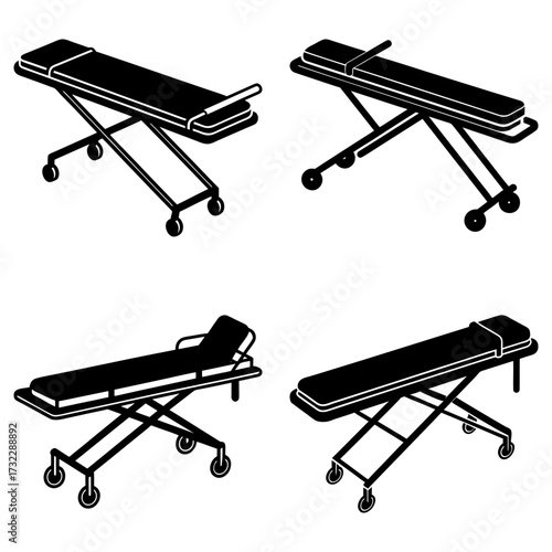 Four isometric black and white illustrations of hospital gurneys with wheels and adjustable headrests shown