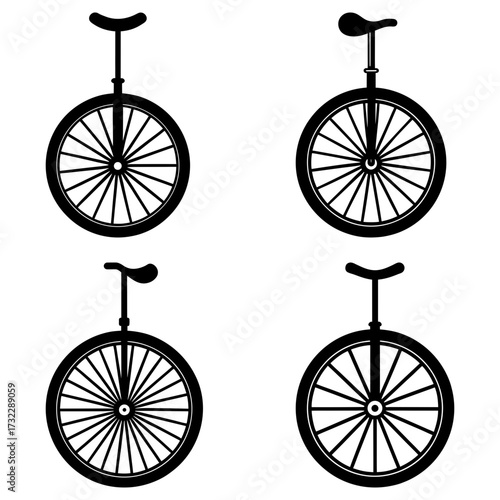 Four unicycles displayed in a grid pattern with a minimalist black and white design on a white background
