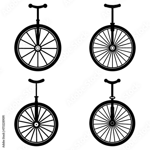 Four unicycles arranged in a square formation with black outlines and white backgrounds on a white surface