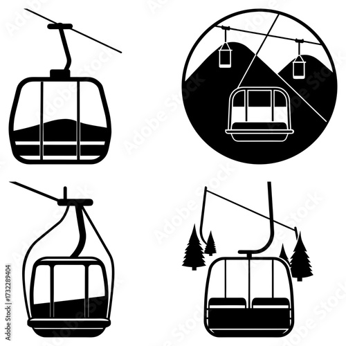 Illustrations of ski lift gondolas in different styles with mountains and trees on a white background
