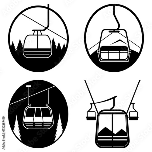 Illustrations of ski lift gondolas in circular frames with mountain and tree backgrounds in black and white