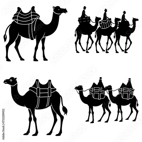 Silhouette illustration of camels with saddles and riders in various arrangements and orientations