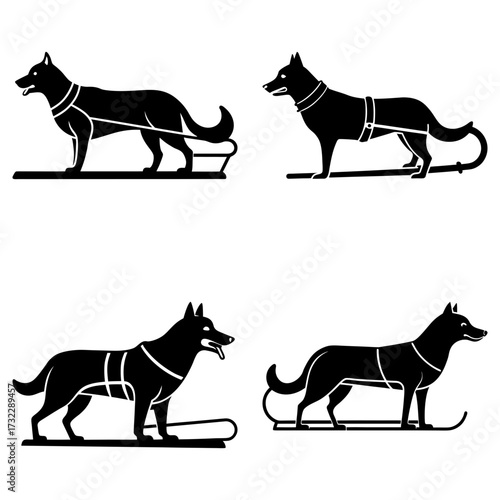 Four black silhouettes of sled dogs with harnesses pulling sleds in a square arrangement on white