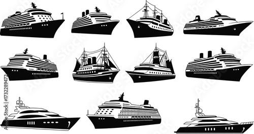 Ship silhouettes set, yacht, cruise liner, sailing ship, passenger vessel, cargo ship, fleet, transport, ocean, sea, marine, nautical, 