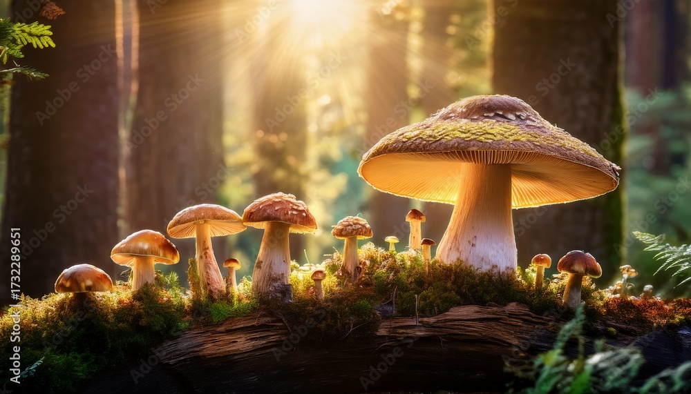 Fototapeta premium Whimsical Portrayal Of A Fairy Tale Mushroom Ring In A Sunlit Forest Creating A Magical Invitation Into Enchanted Realms