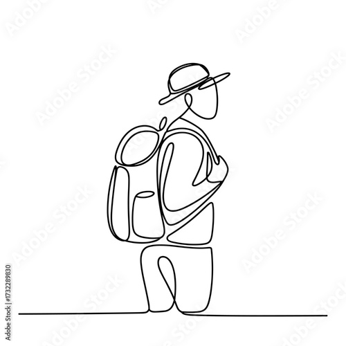 One Line Drawing of Traveler with Backpack and Hat