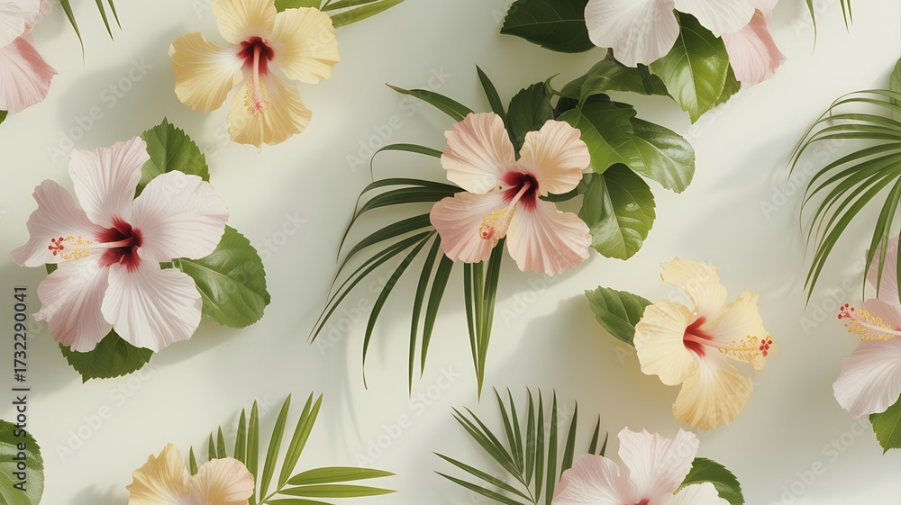 Fototapeta premium Assorted Hibiscus Flowers and Palm Leaves on White.