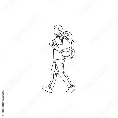 Continuous Line Drawing of Traveler with Backpack Walking