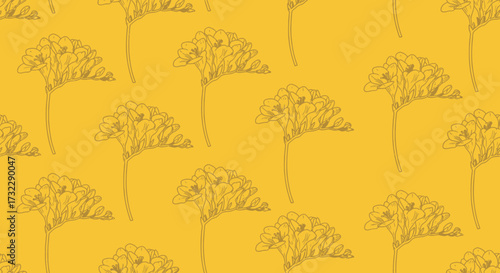 Yellow flowers on stems, repeat pattern. Simple drawing, monochromatic palette, stylized botanicals