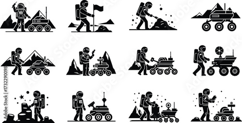 Silhouette astronauts with rovers on Moon or Mars, space exploration, planetary research, science, technology, discovery, teamwork, innovation, extraterrestrial mission