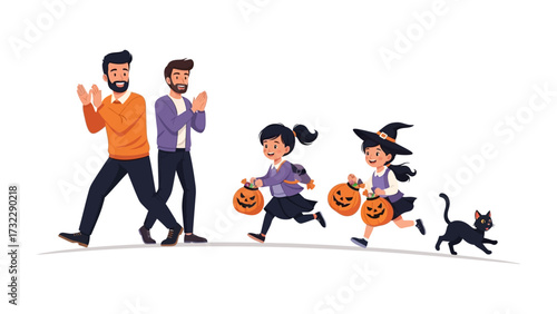 Happy Halloween family: Two dads and their two children are ready to trick-or-treat. A delightful scene for a halloween party