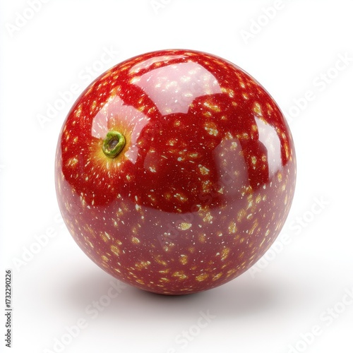 Glossy red apple with golden speckles and stem isolated on a clean white background