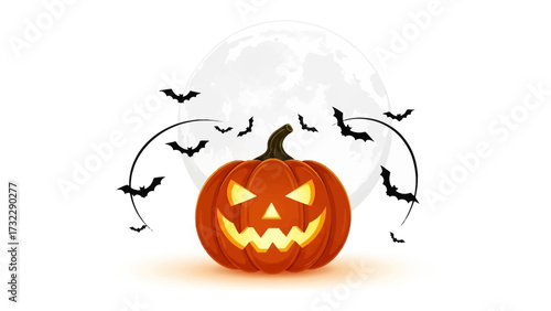 Mysterious pumpkin & bats on a full moon night: An illustration of a grinning jack-o'-lantern and bats silhouette against a full moon background in a dark sky.