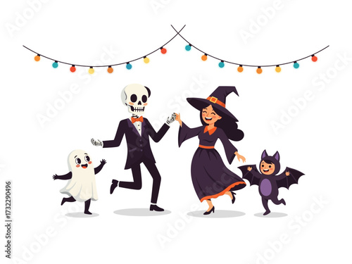 Halloween Gathering: A festive family revels in the spooky spirit, illustrated with vibrant colors and delightful characters. The gathering sets the stage for a night of trick-or-treating and fun.