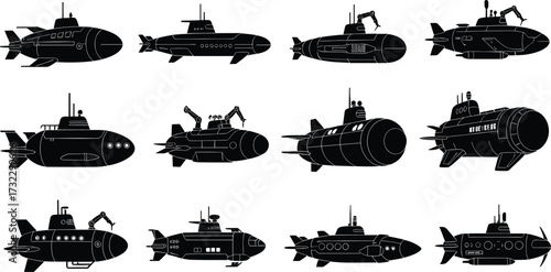 Silhouette submarines with periscopes, robotic arms, propellers, research vessels, military subs, underwater exploration, ocean technology, marine science, naval equipment, design