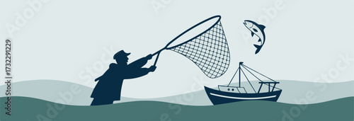 Fisherman attempts to catch leaping fish with net near boat at sea
