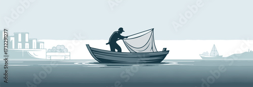 Lone fisherman casts a net from a small boat at sea, with distant shorelines and sailboats.