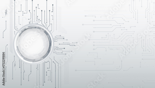 Futuristic grey tech background with digital circuits and a glowing round interface element, symbolizing innovation, data networks, and high technology.