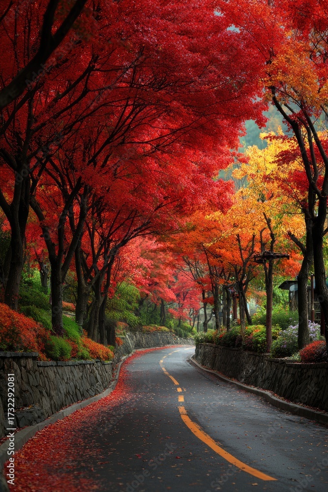 Naklejka premium Road lined with vibrant autumn trees, creating a colorful canopy, leaves scattered
