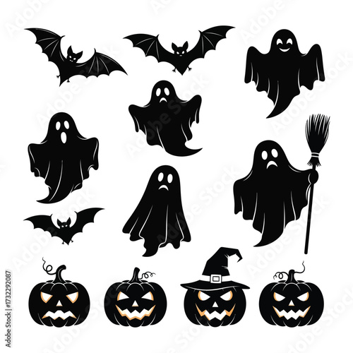 Halloween Elements: A spooky collection of black silhouettes featuring ghostly figures, bats, and jack-o'-lanterns, perfect for seasonal decorations and festive designs