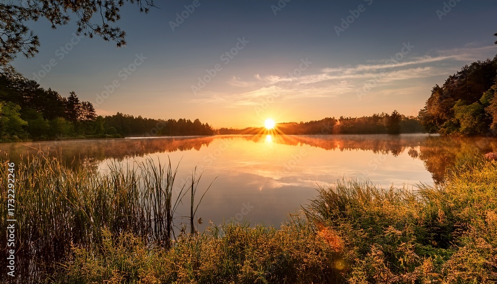 Fototapeta premium Peaceful Sunrise Over Tranquil Lake