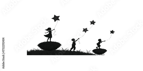Print  Kids in playful silhouettes holding kites shaped like stars, standing on levitating grassy mounds with soft clouds behind