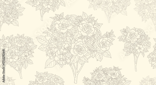Repeated rose bush line drawing, on cream