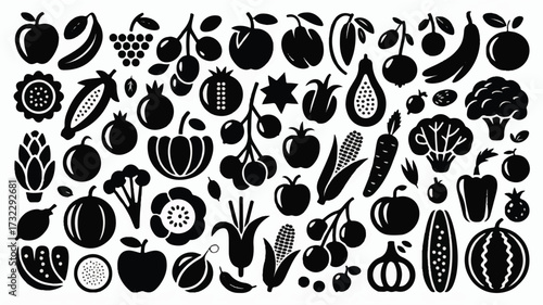 A black and white illustration of various fruits and vegetables arranged in a scattered pattern against a white background 