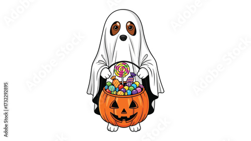 Halloween Ghost with Treats: A charming ghost, embodying the spooky spirit, joyfully holds a pumpkin basket overflowing with colorful candies, perfect for Halloween night.