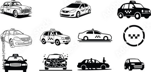 Taxi car icon set, black and white illustrations, vintage and modern styles, checkered pattern, transport symbols, urban travel design elements